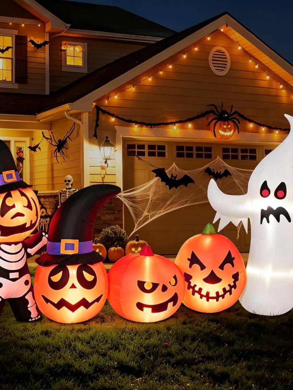 8 FT Wide Halloween Inflatable Pumpkin Skeleton Ghost Combo LED Yard Decor
